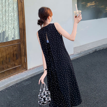 【ワンピース】バックオープン ドットワンピース 夏 ヘップバーン風 ユニークデザイン ノースリーブワンピース【SHシリーズ】