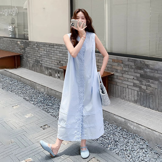 【ワンピース】ライトブルー レーストリム ノースリーブワンピース 夏 ロング丈 気質アップ【JZシリーズ】