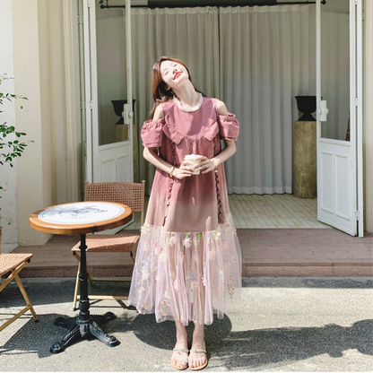 【ワンピース】フェミニン チュール切り替え フラワー刺繍 ロングワンピース 【SHシリーズ】