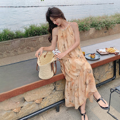 【ワンピース】イエロー 小花柄 ノースリーブ ホルターネック レディース 夏 フェアリー風 バカンス ワンピース【SHシリーズ】