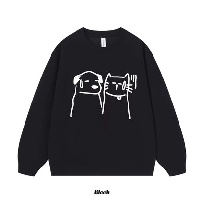 8カラー | S~3XL【トップス】ヒップホップ風 猫狗プリント 手描き クルーネック スウェット 厚手 ルーズ ユニセックス パーカー【FCシリーズ】