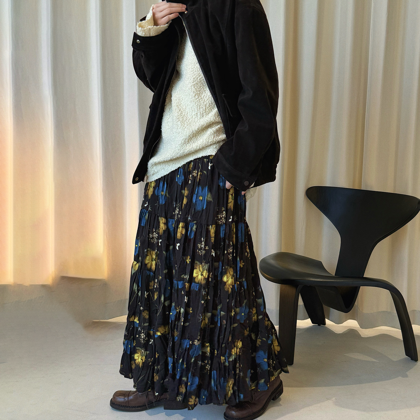 【ボトムス】レトロ アート感 ウエストゴム プリーツスカート レディース 立体 Aライン ロング丈 花柄【SHシリーズ】