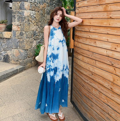 【ワンピース】夏新作 フレンチスタイル タイダイ柄 ノースリーブワンピース 着痩せ効果抜群【SHシリーズ】