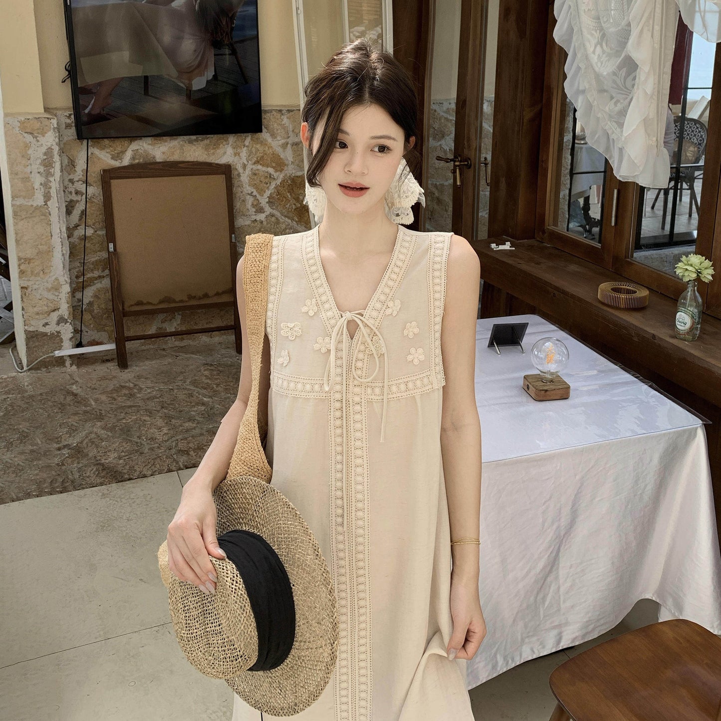 【ワンピース】ナチュラルガーリー フリルレース リボン配色 キャミワンピース レディース 夏新作 ゆったり ノースリーブ ロングワンピース かわいい 若見え【JZシリーズ】