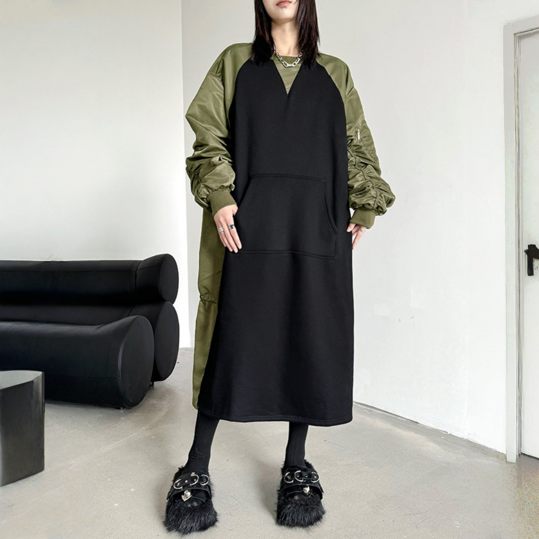 【ワンピース】春 秋 冬 クルーネック プリーツ配色切替 長袖 ワンピース 【AHシリーズ】