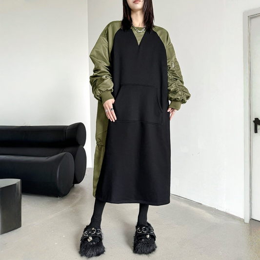 【ワンピース】春 秋 冬 クルーネック プリーツ配色切替 長袖 ワンピース 【AHシリーズ】