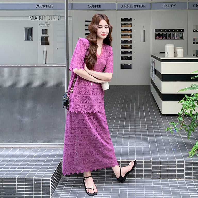 2点セット！【セットアップ】通勤気質  Vネックレース透かし彫りトップス＋万能ハイウエストスカート上下セット【SNシリーズ】