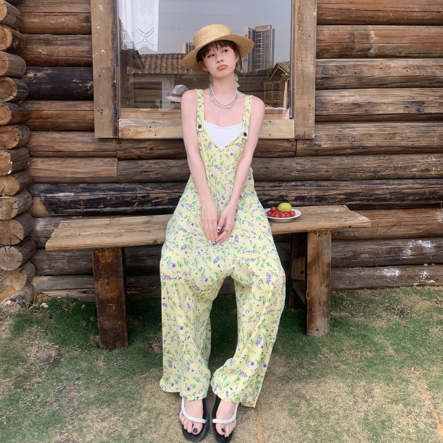 【ボトムス】夏新作 清涼感たっぷり  淡レモンカラー Vネック オーバーサイズサロペット オールインワン【SHシリーズ】