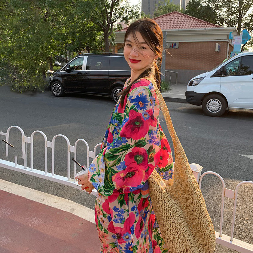 【ワンピース】超可愛い 春夏 ゆったり ロング丈  Vネック 背中あき 花柄 長袖ワンピース【SHシリーズ】