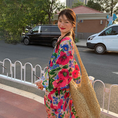 【ワンピース】超可愛い 春夏 ゆったり ロング丈  Vネック 背中あき 花柄 長袖ワンピース【SHシリーズ】