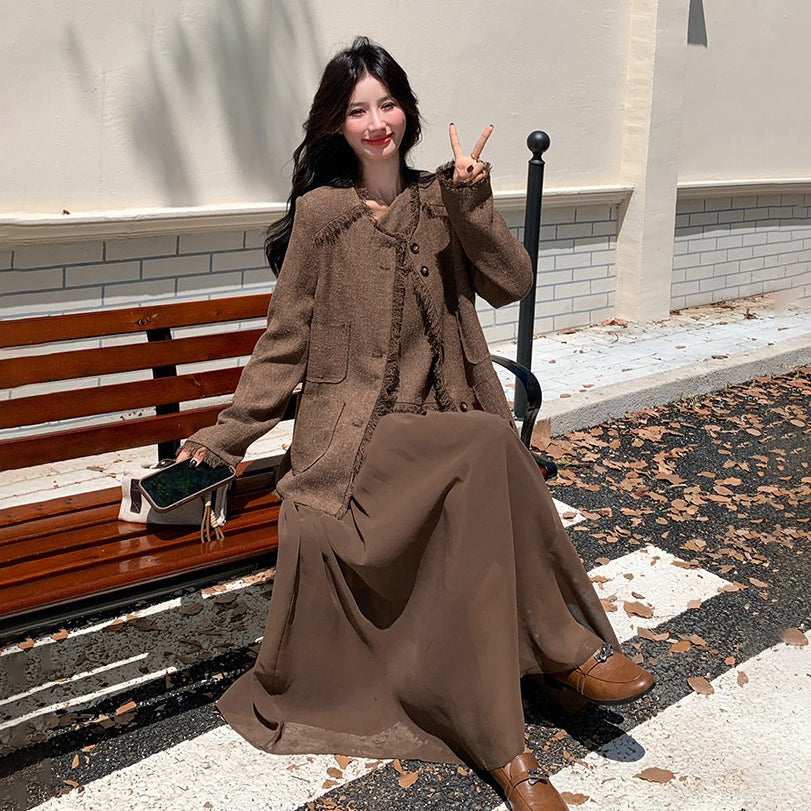 2点セット！【セットアップ】レトロ フレンチスタイル ジャケット＋キャミソールワンピース 秋新作 上品 気質 上下セット【JZシリーズ】