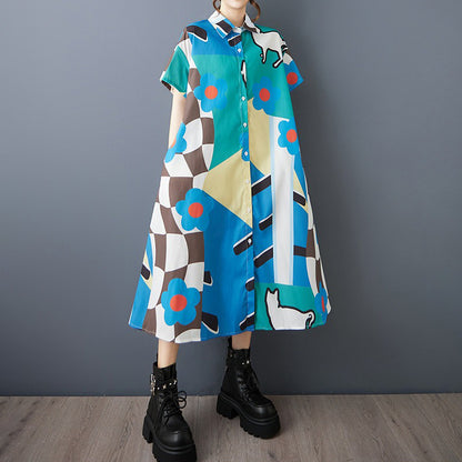 期間限定⭐60%OFF【ワンピース】韓国風 猫プリント シャツドレス 半袖 ワンピース 夏 大きいサイズ 痩せ見え Aライン ミモレ丈 体型カバー お洒落 カジュアル ぽっちゃり【SHシリーズ】