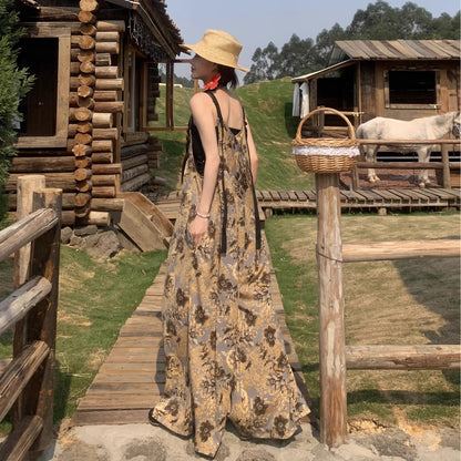 【ボトムス】ゆったりカジュアル 気質Vネック 夏のヴィンテージ風 ノマドテイストキャミオールインワン【SHシリーズ】