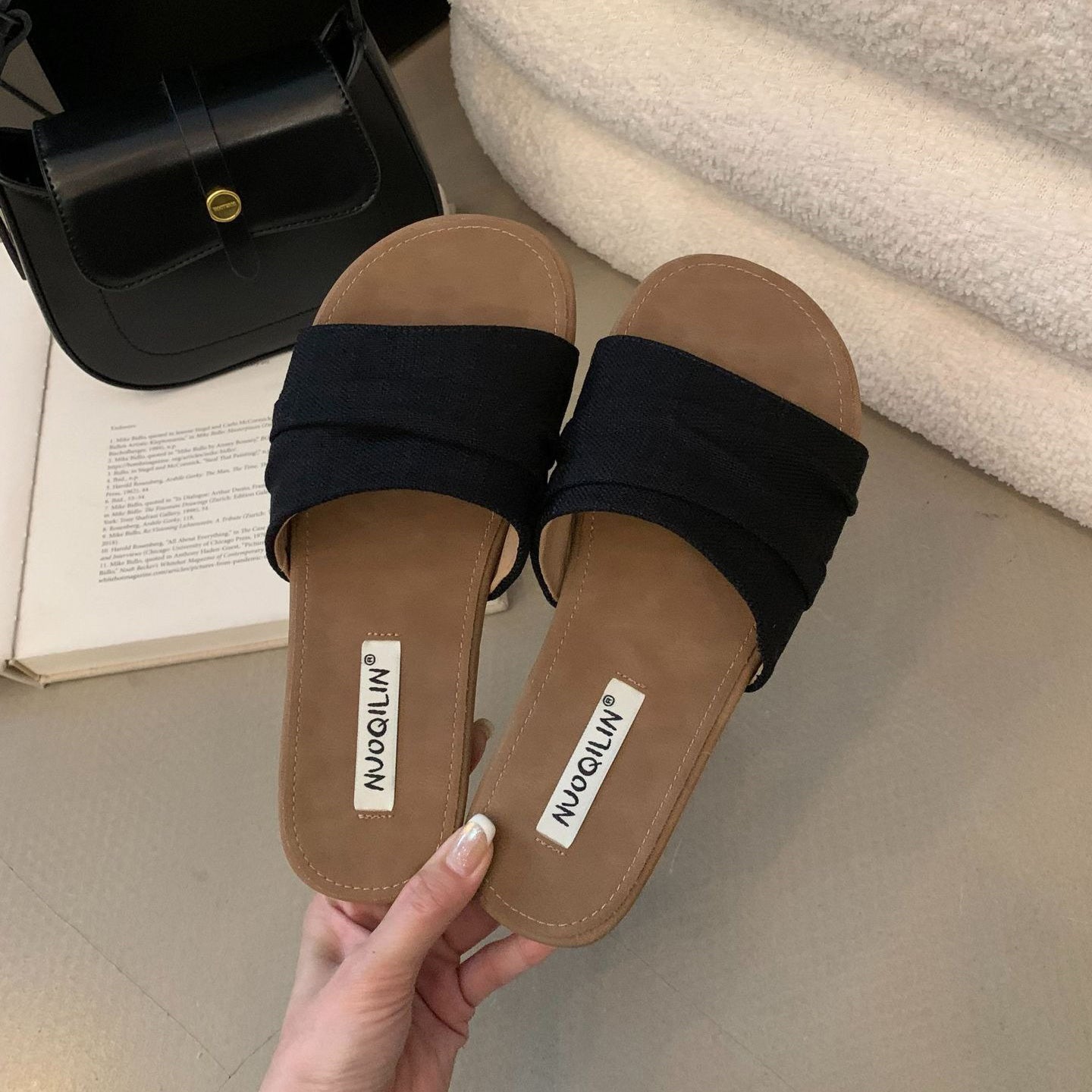 【シューズ】リゾート風 ビーチ リネン プリーツ フラットサンダル 外履き 夏用