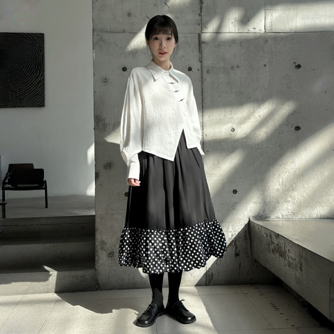 【ボトムス】春 秋 冬 ウエストゴム バルーン裾 ドット切り替え Aライン スカート 【AHシリーズ】