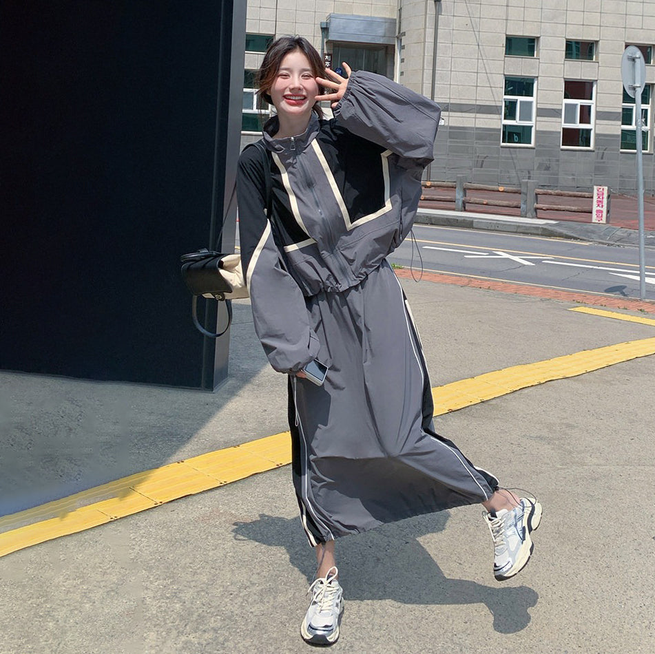 2点セット！【セットアップ】韓国CHIC 配色ジャケットスカート 上下セット レディース ストライプ柄 リラックス 秋セット【FCシリーズ】