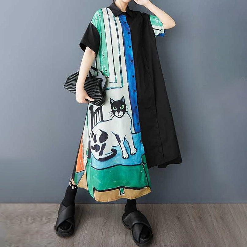 60%OFF⭐️期間限定【ワンピース】🐱猫柄 夏新作 韓国風 ゆったり 大きいサイズ プリント 切替 カジュアル シンプル 可愛い 半袖 ワンピース【SHシリーズ】