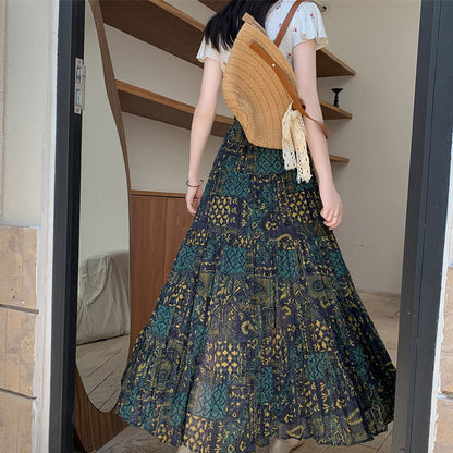 【ボトムス】ボヘミアン風 シフォンプリーツスカート レディース 夏 Aライン 体型カバー 旅行・リゾートにも最適【SHシリーズ】