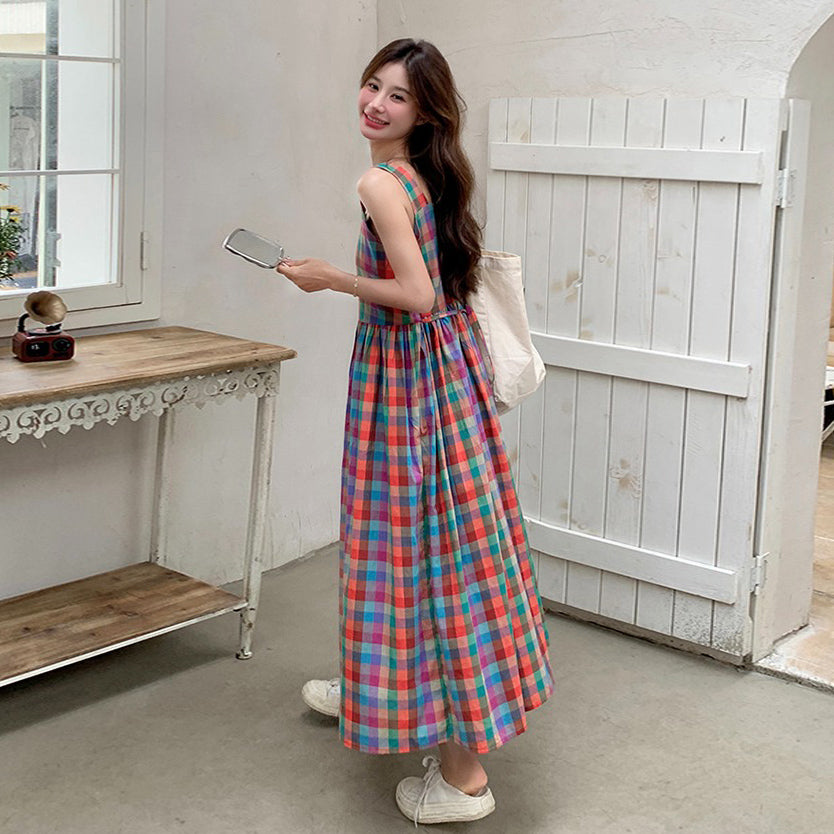 【ワンピース】夏 ドーパミンカラー チェック 高級感 シェイプアップ リゾート風 ノースリーブワンピース【SHシリーズ】