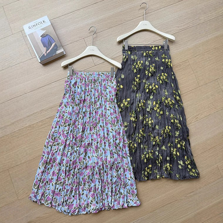 【ボトムス】春夏新作 気質 ゴムウエスト リゾート風 プリーツフラワー柄 スカート【SHシリーズ】