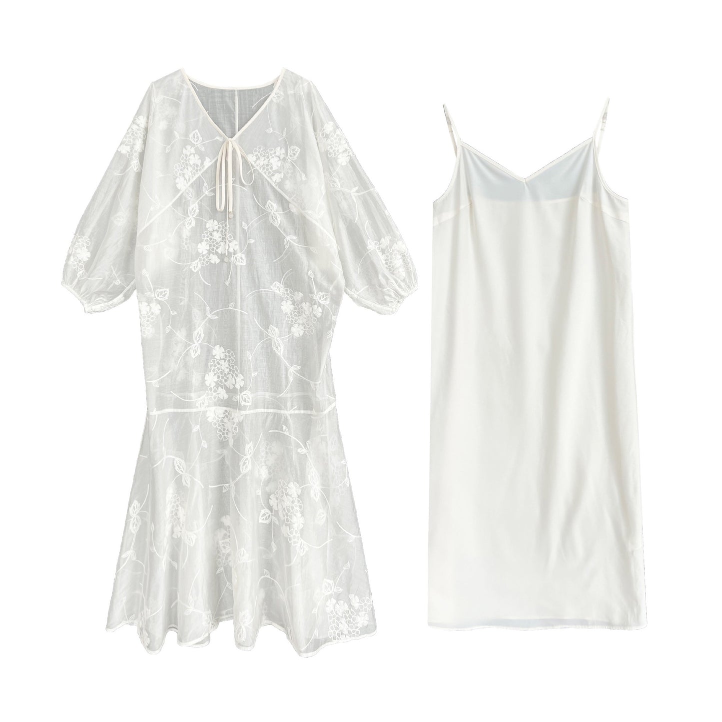 2点セット！【セットアップ】高級刺繍 チュールワンピース＋Vネック キャミワンピースセット 夏新作 バカンス風 ワンピース【JZシリーズ】