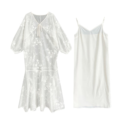 2点セット！【セットアップ】高級刺繍 チュールワンピース＋Vネック キャミワンピースセット 夏新作 バカンス風 ワンピース【JZシリーズ】