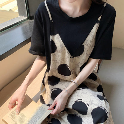【ワンピース】デザイン感が映える✨ドット柄 切り替え ワンピース 半袖 フェイク2点風 ロング丈 Aライン リゾートワンピ【SHシリーズ】