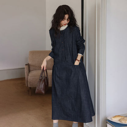 【ワンピース】秋 長袖ワンピース レディース デニム 丸首 ゆったり ミディ丈 森ガール風 文芸 ナチュラル コーデ【JZシリーズ】