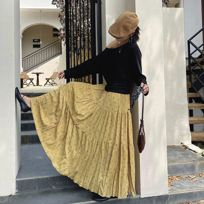 【ボトムス】初秋新作 レトロ ハイウエスト ゆったり見え スリム効果 切り替え シフォン 花柄スカート【SHシリーズ】