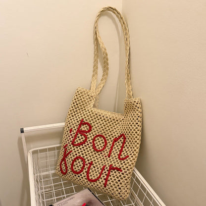 【バッグ】刺繍入りかごバッグ レディース フレンチ風 編み込みバッグ 海辺リゾート 夏コーデ