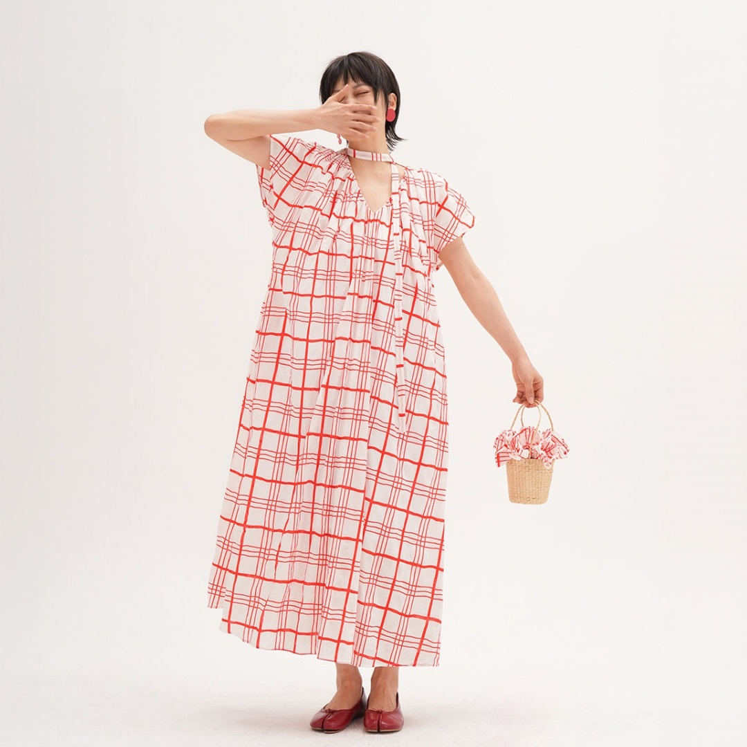 【ワンピース】チェック柄 Vネック ネックリボン付き ウエストマーク リゾート風 半袖 ワンピース 【JZシリーズ】