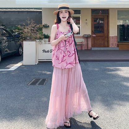 2点セット！【セットアップ】ピンク花柄キャミソール 上下セット レディース チュールスカート シアーデザイン リゾート風 夏ワンピース【SHシリーズ】
