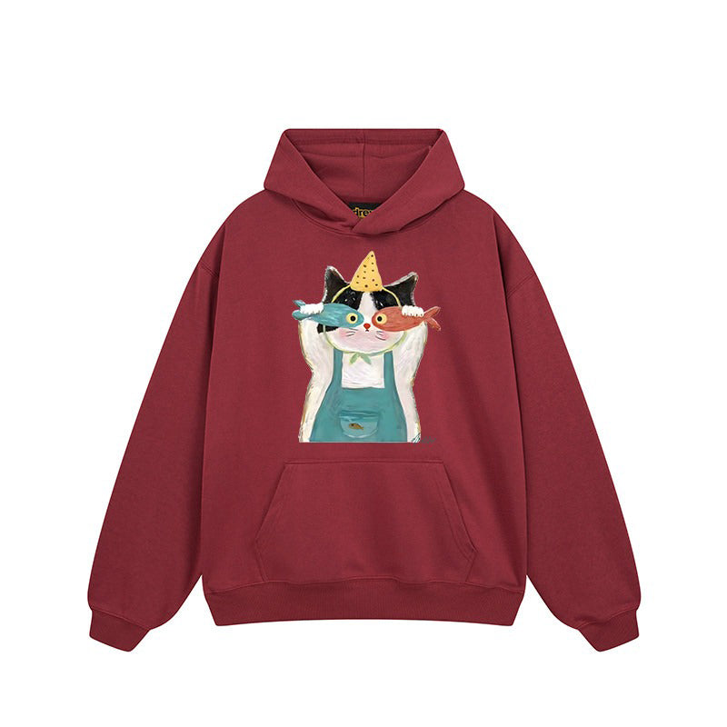 【トップス】🐱アメリカンストリート猫プリントパーカー ユニセックス コットン オーバーサイズ 秋冬コーデ【FCシリーズ】