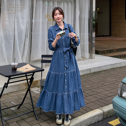 【ワンピース】高級感レトロ  デニム 長袖シャツワンピース 人気 ウエストマーク ロングワンピース【JZシリーズ】