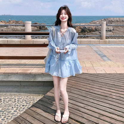 2点セット！【セットアップ】リゾート風 立体フラワー UVカット 長袖トップス＋ショートパンツ 上下セット【SHシリーズ】