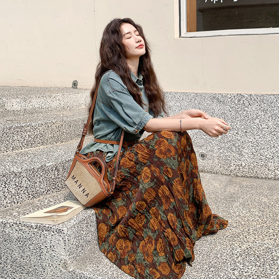 2点セット！ 【セットアップ】夏新作 デニム半袖トップス+ 花柄スカート 2点上下セット ラクして可愛い大人カジュアル 【SHシリーズ】