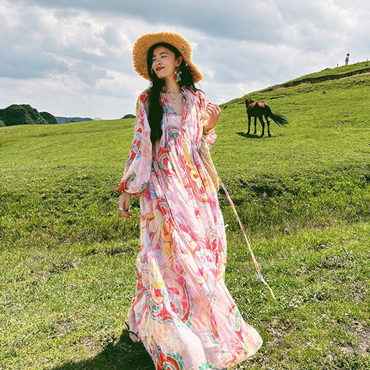 【ワンピース】リゾート風 ビーチ 日焼け防止 バルーンスリーブ ゆったり 流れるような 長袖ワンピース【SHシリーズ】