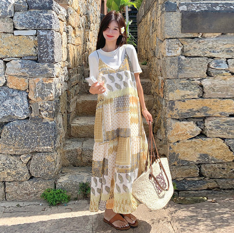 2点セット！【セットアップ】優しげリゾート風 夏新作 Tシャツ＋花柄 ノースリーブワンピースセット【SHシリーズ】