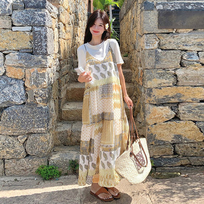 2点セット！【セットアップ】優しげリゾート風 夏新作 Tシャツ＋花柄 ノースリーブワンピースセット【SHシリーズ】