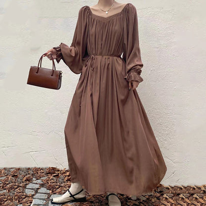 【ワンピース】夏春秋 全7色 韓国風オフショルダー ゆったり シルエットでスリムに見える 長袖ワンピース