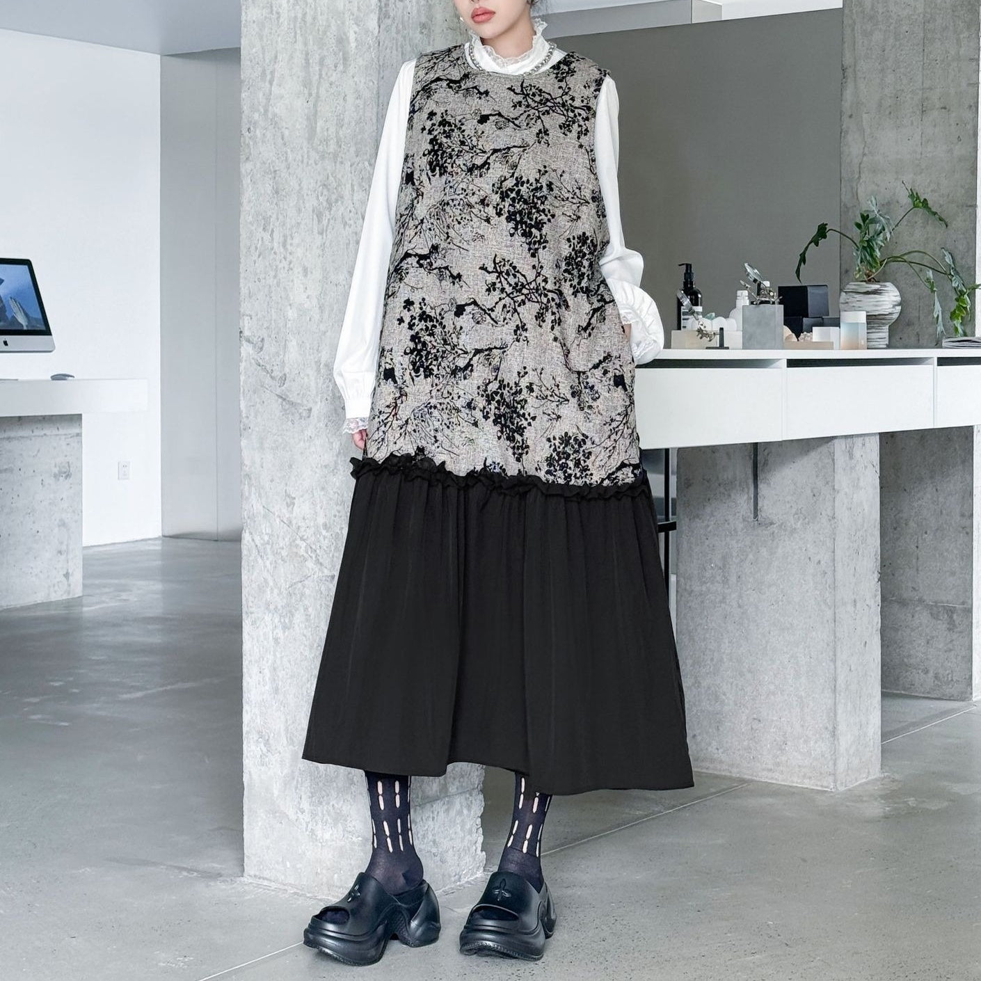 【ワンピース】春 秋 冬 レトロ 細見え ジャカード切替 ノースリーブ ワンピース 【AHシリーズ】