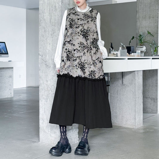 【ワンピース】春 秋 冬 レトロ 細見え ジャカード切替 ノースリーブ ワンピース 【AHシリーズ】