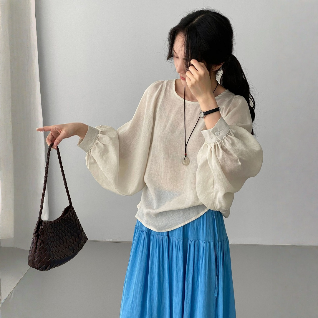 期間限定⭐️60%OFF【トップス】クールな雰囲気 テンセル ほんのり透け感 ラミー バルーンスリーブ シャツ 【JZシリーズ】