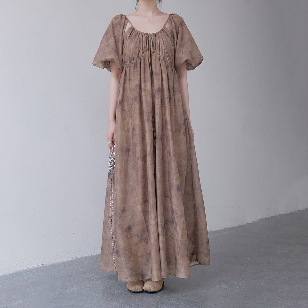 【ワンピース】新中式 禅スタイル 枯色染め アート感漂う 半袖ワンピース【SHシリーズ】