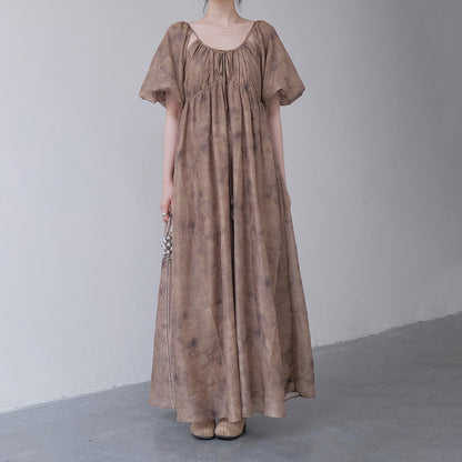【ワンピース】新中式 禅スタイル 枯色染め アート感漂う 半袖ワンピース【SHシリーズ】