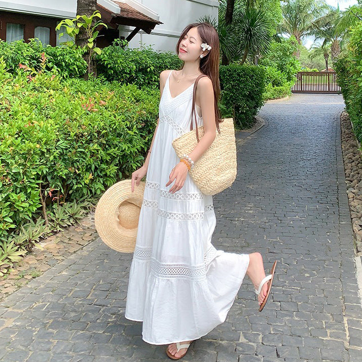 【ワンピース】リゾート風 ホワイト Vネック キャミワンピース 夏 レディース ゆったり ノースリーブロングドレス【JZシリーズ】