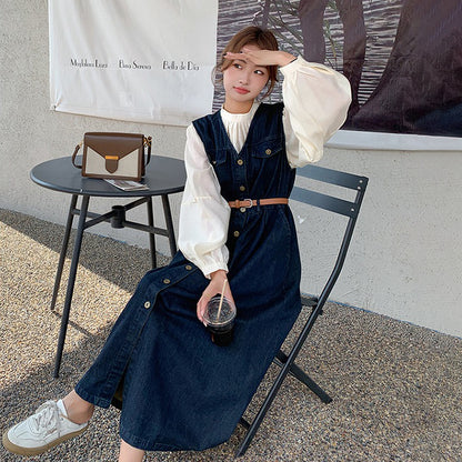 2点セット！【セットアップ】ヴィンテージデニムワンピースセット レディース 春秋 エレガント おしゃれ ブラウス＋キャミワンピース 2点セット【JZシリーズ】