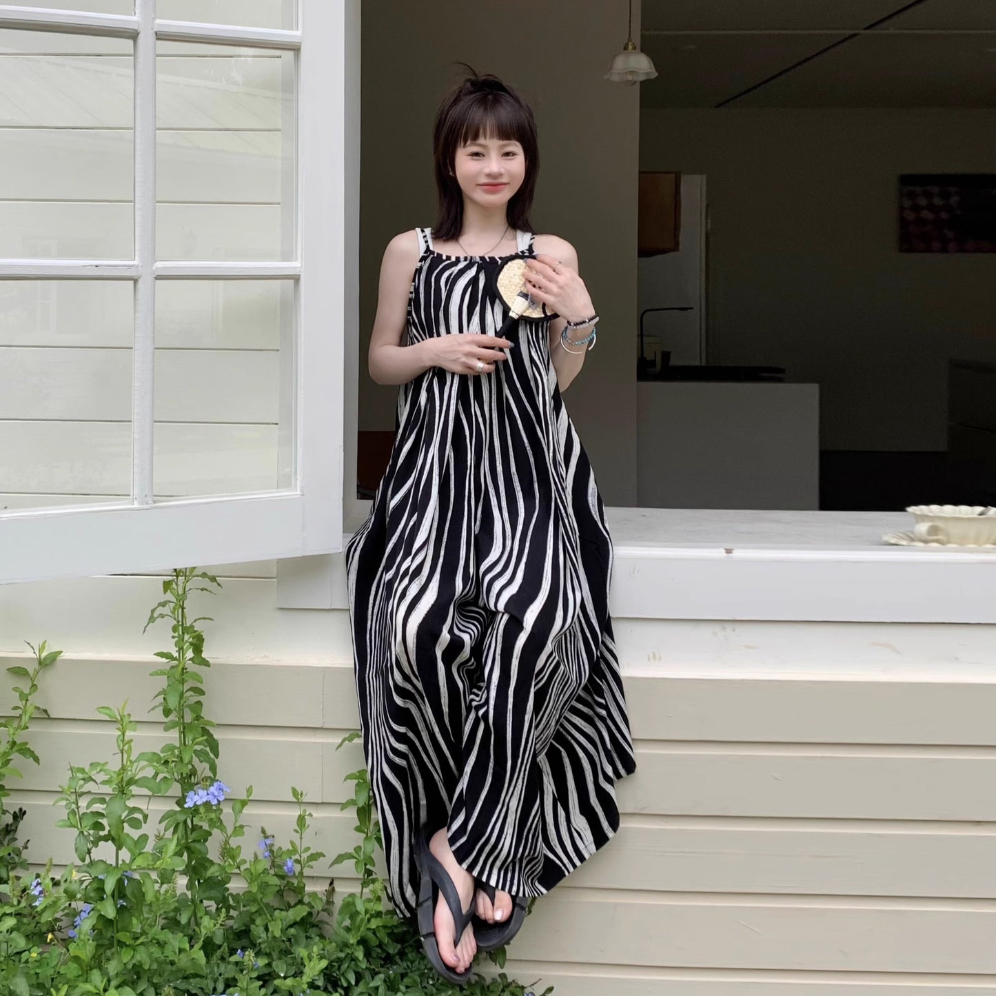 【ボトムス】ゆったりカジュアル 夏用 水波模様 ルーズ感たっぷり オーバーサイズキャミサロペット 【SHシリーズ】