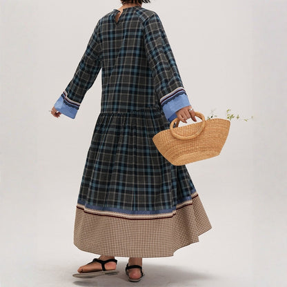 【ワンピース】レトロチェック柄 ナチュラル文芸風 クルーネック 長袖 ワンピース 【JZシリーズ】