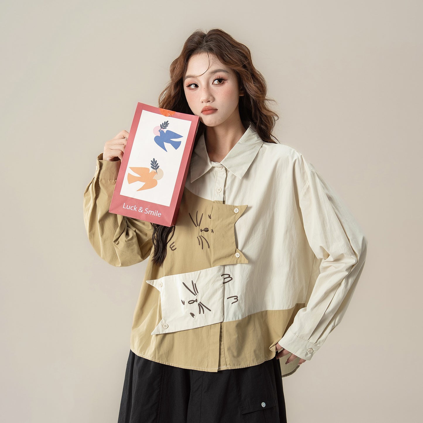 【単品注文】【セットアップ】ねこ刺繍 不規則デザイン 配色切替 長袖 シャツ +スカート 上下セット【JZシリーズ】